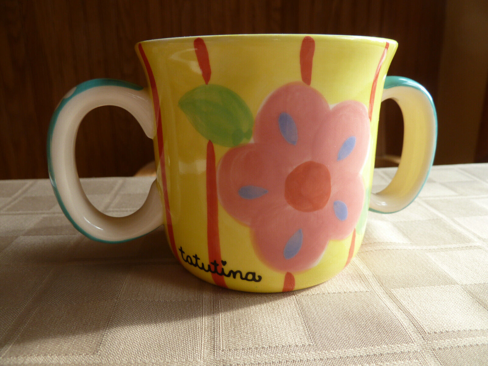 Tatutina Attleboro, Mass hand painted in Thailand ceramic 2 handle mug/cup.