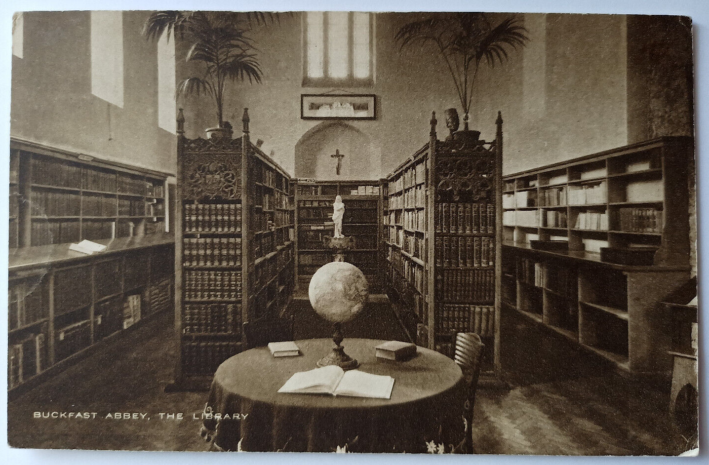 Vintage Buckfast Abbey Church Inside Of The Library Books Cross Postcard