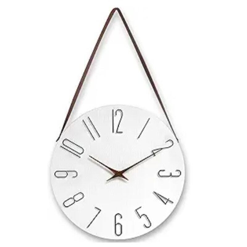 12 Inch Hanging Wall Clock Silent Non Ticking Leather Strap Decor black white