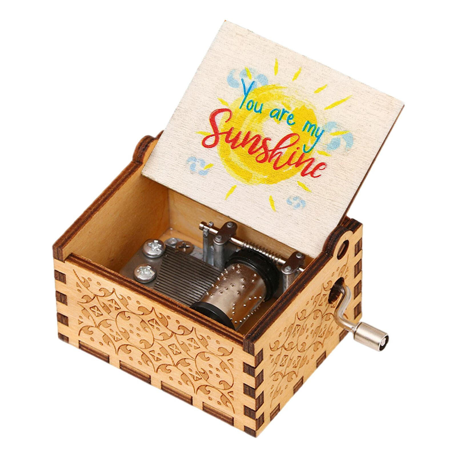 Retro Wooden Music Box Mini Hand Crank Engraved Toy Kids Birthday Xmas Gift