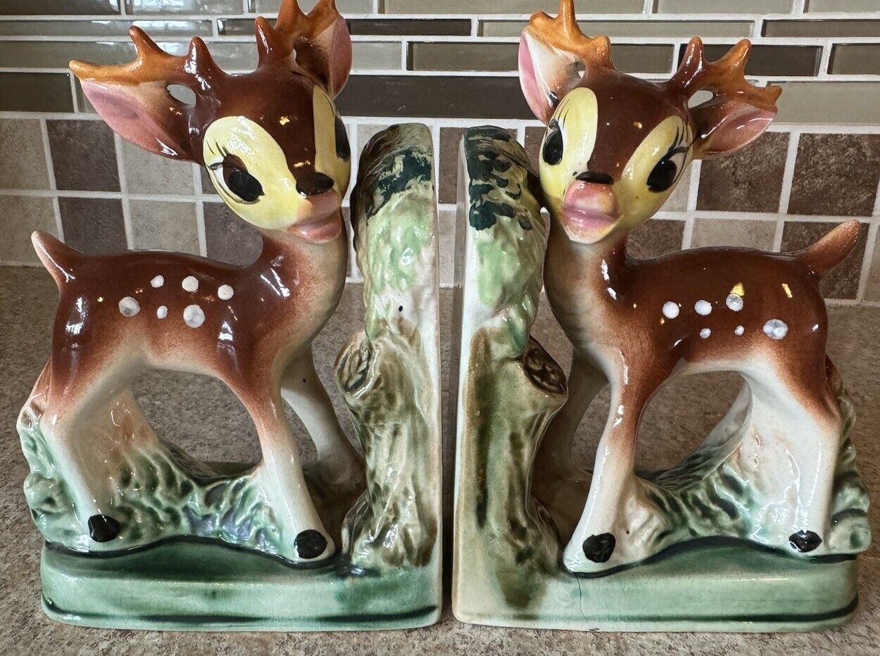 VTG A Fairyland Import Bambi Ceramic Baby Deer Bookends SET Hand-Painted Japan