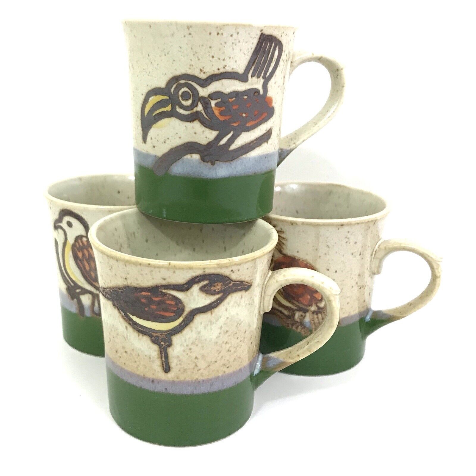 Vintage BIRD Speckled Stoneware Coffee Mug SET of 4 Green Bottom EUC