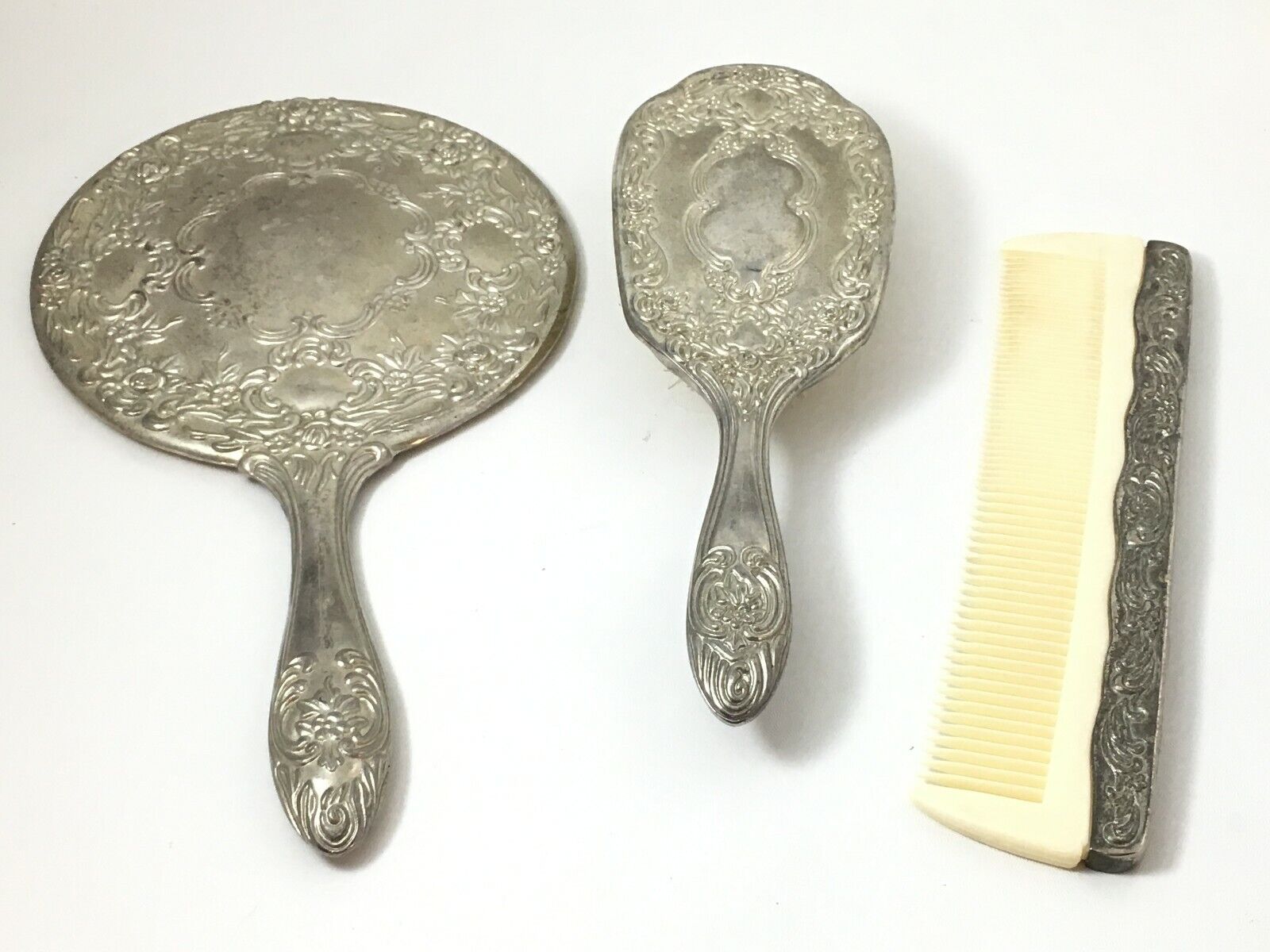Victorian Vintage Silverplate Vanity Set Mirror Hairbrush Comb Floral Design 