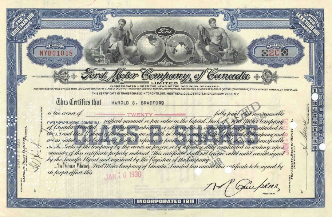 Ford Motor Co. of Canada, Ltd - Automotive Stock Certificate - Less than 100 Sha