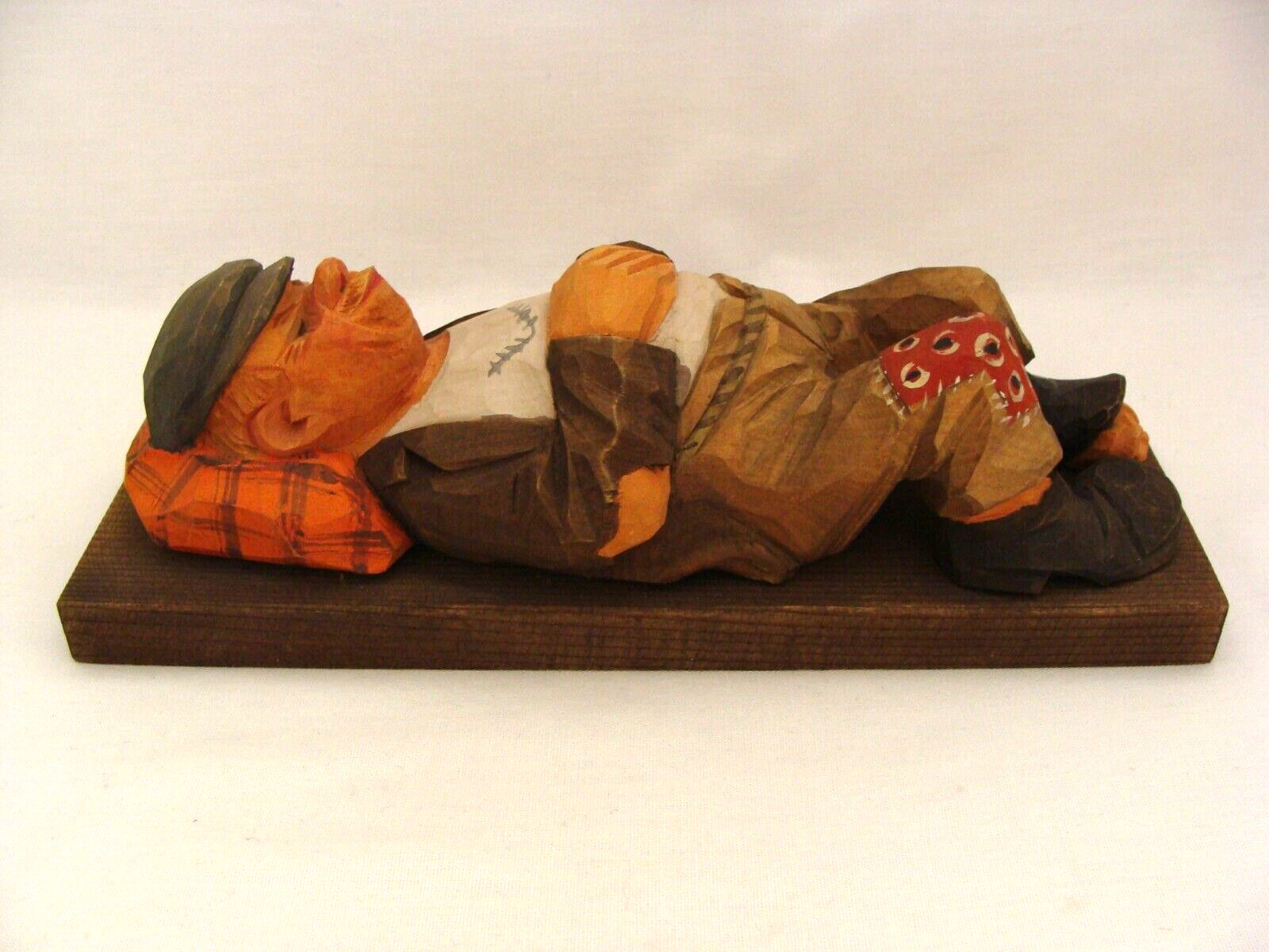 C.O. Trygg Sweden Carved Wooden Lying Down Sleeping Hobo Figurine 8 Inch 1954