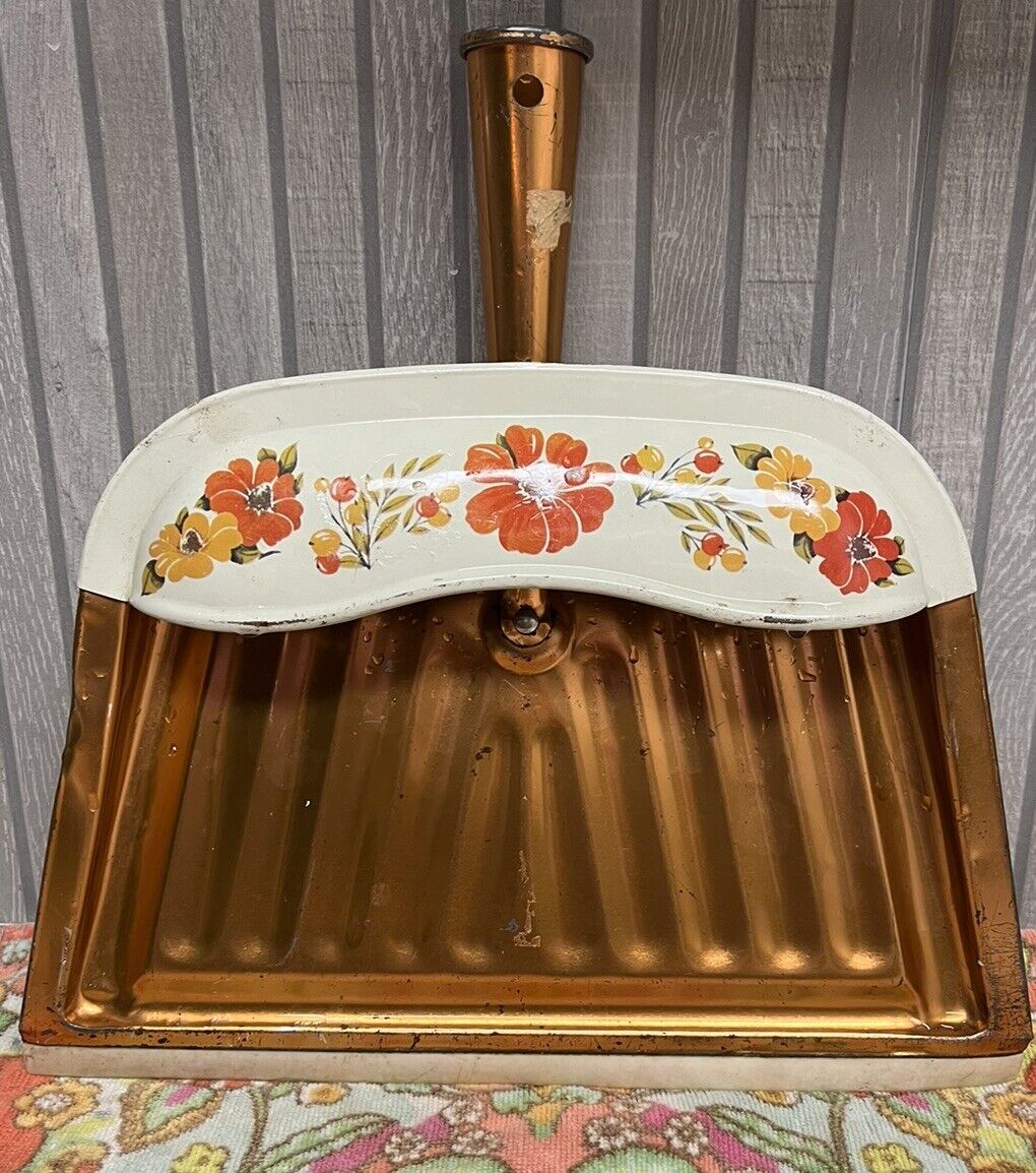 Vintage JV Reed Brown Metal Dust Pan With Floral Pattern Kitchen Retro