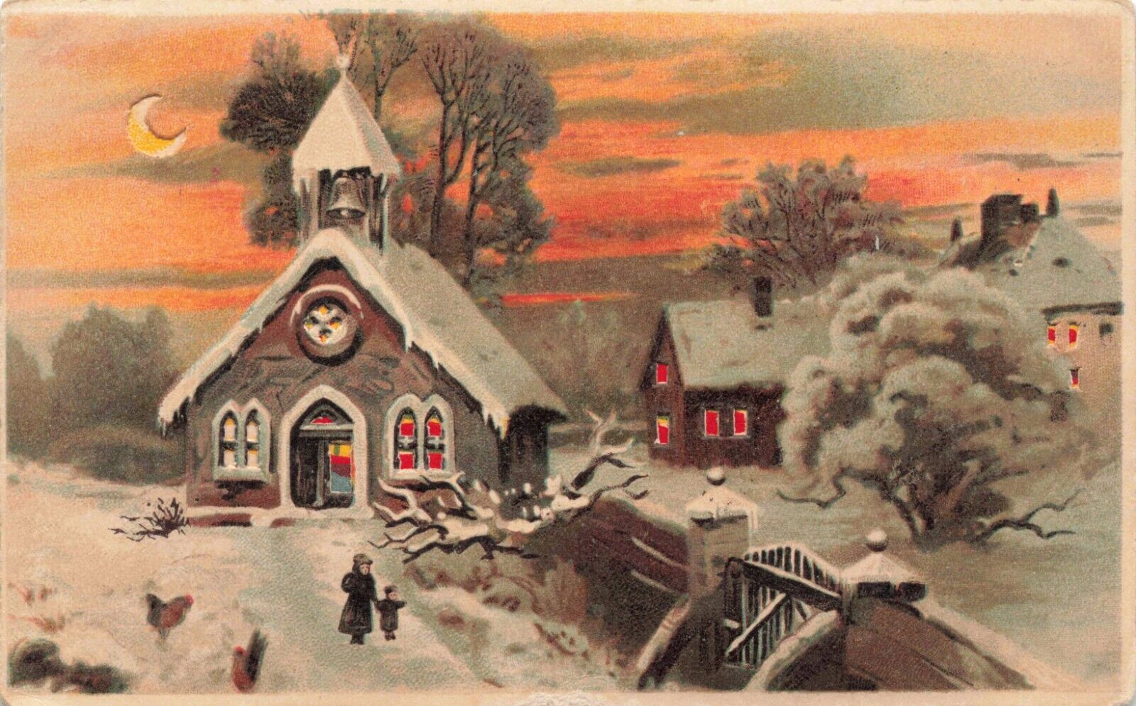 Hold to Light-A Happy New Year-Snow covered Church c1910 A43