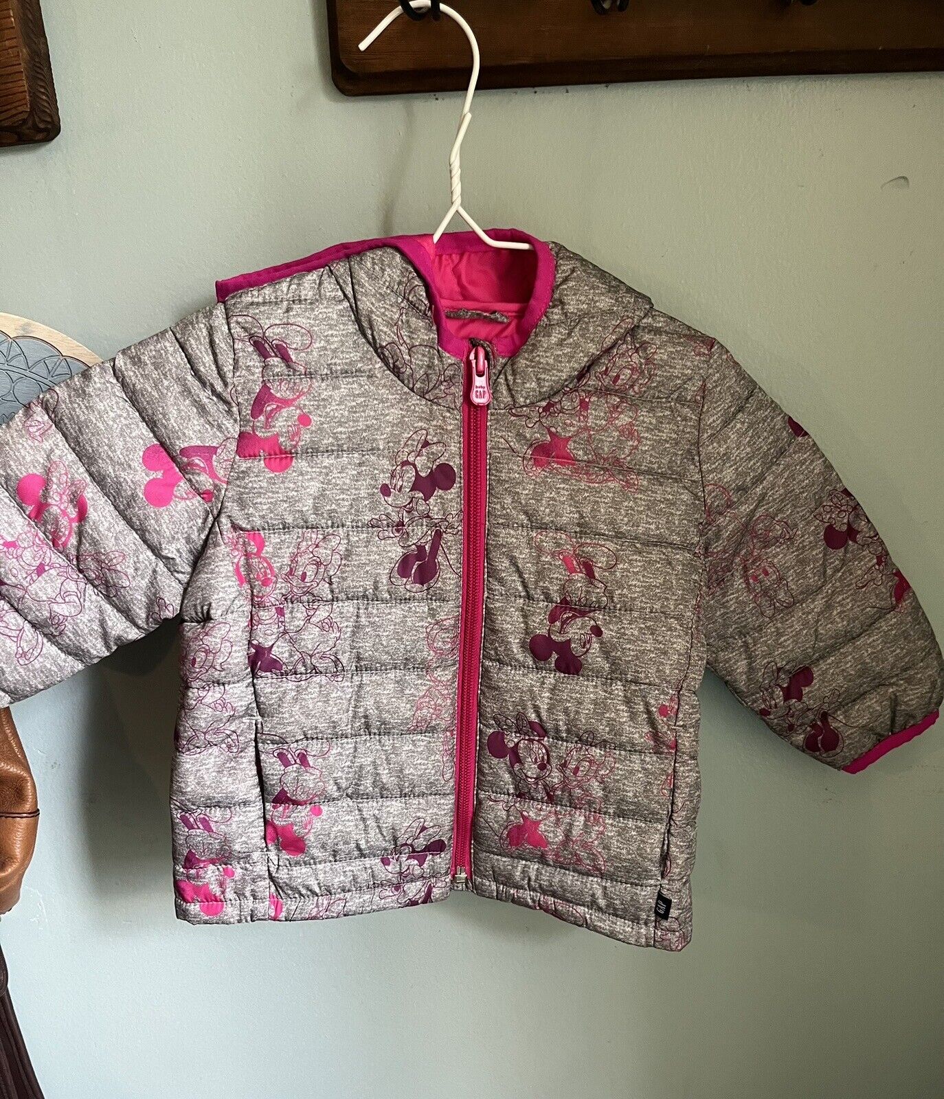 Disney Baby Gap Minnie Daisy Puffy Coat Hooded Jacket 18-24mo Grey Pink