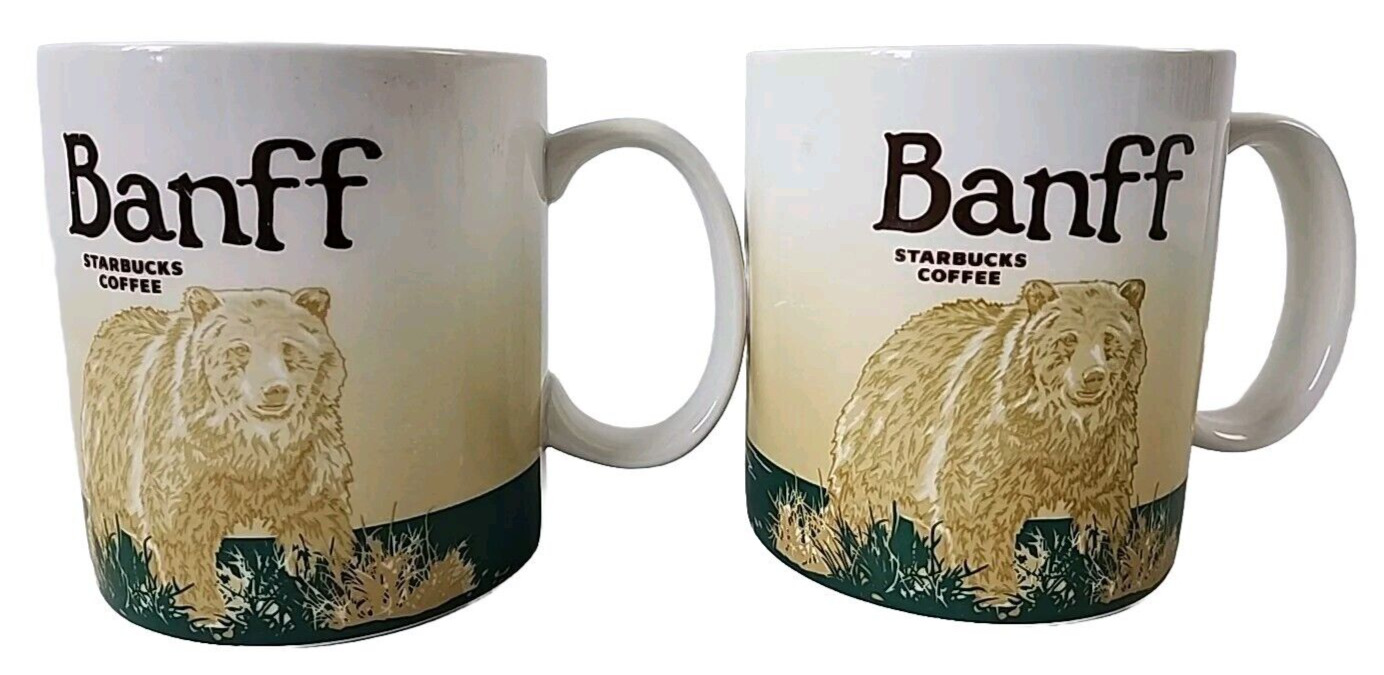 Set of 2 Starbucks Banff Coffee Mugs Canada Grizzly Bear 20011 Collector Series
