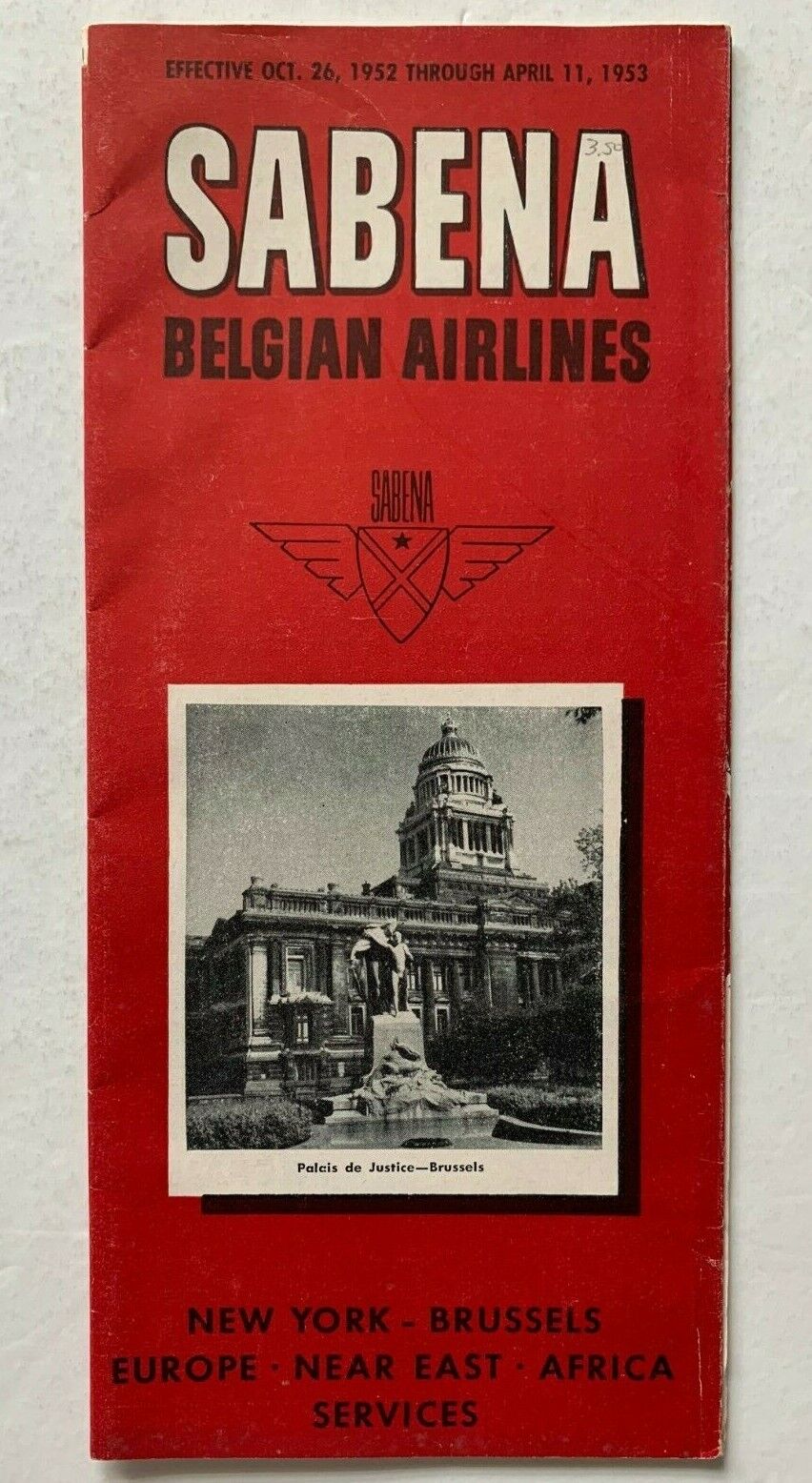 Vintage 1952 Sabena Belgian Airlines Timetable Brochure Europe NY Africa Belgium