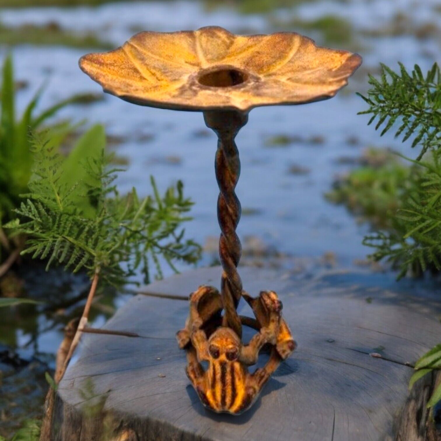 Frog Lily Pad Candlestick Holder Metal 8 Inch Twisted Stem