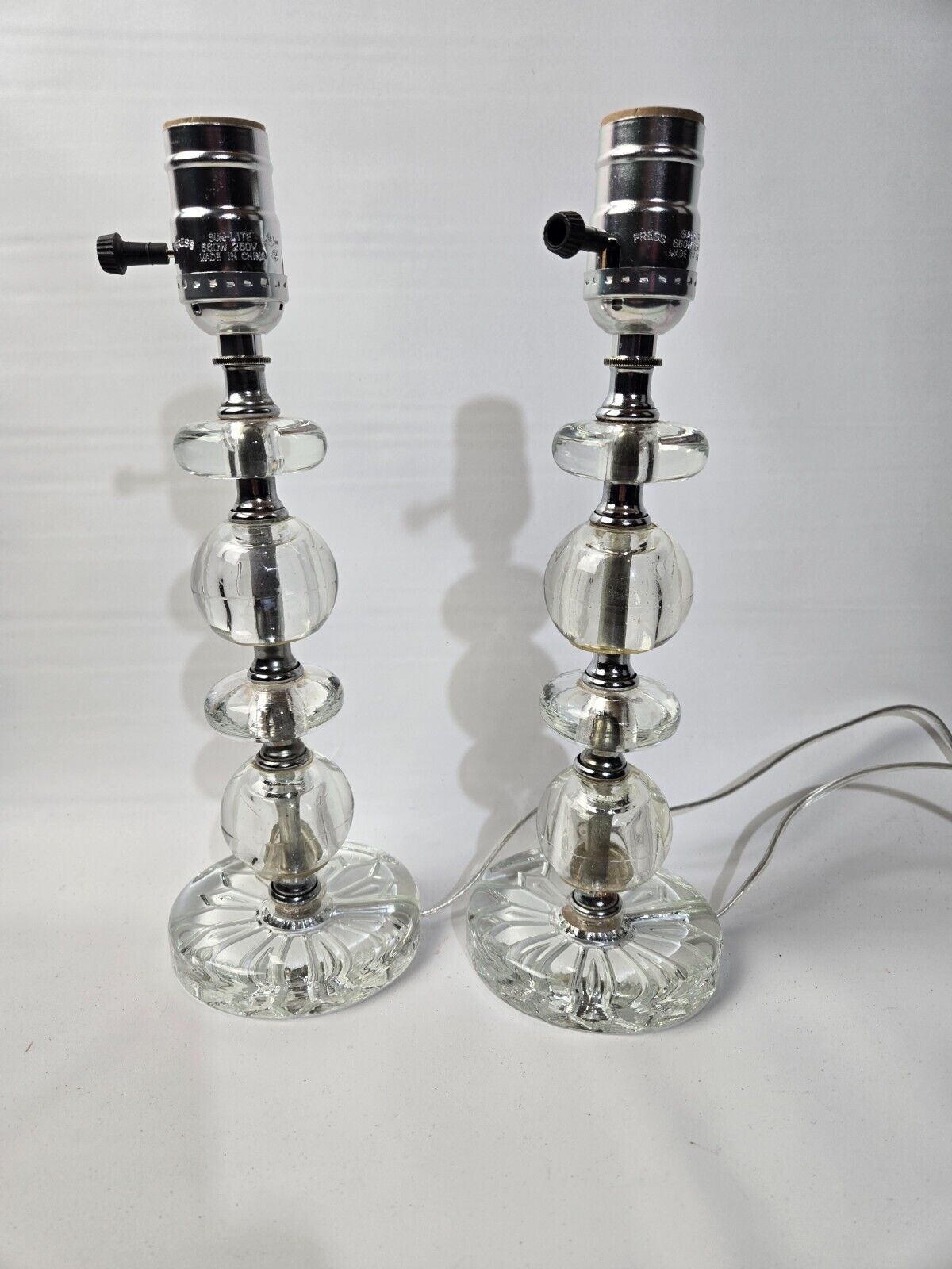 PAIR VINTAGE MID CENTURY GLASS BOUDIOR LAMPS - NEWLY REWIRED