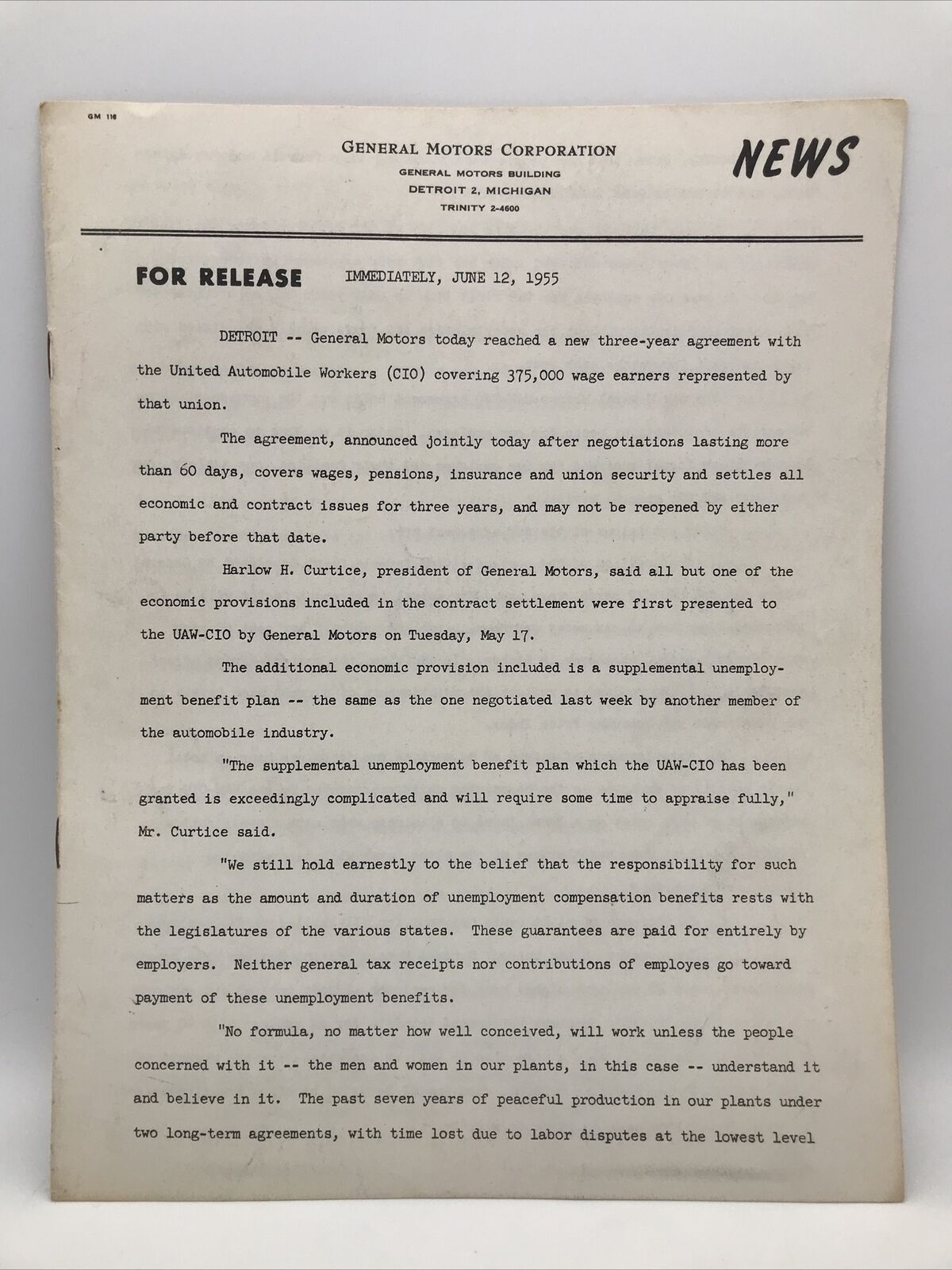 JUNE 12 1955 GENERAL MOTORS CORPORATION PRESS RELEASE 3-Year CIO Labor Agreement