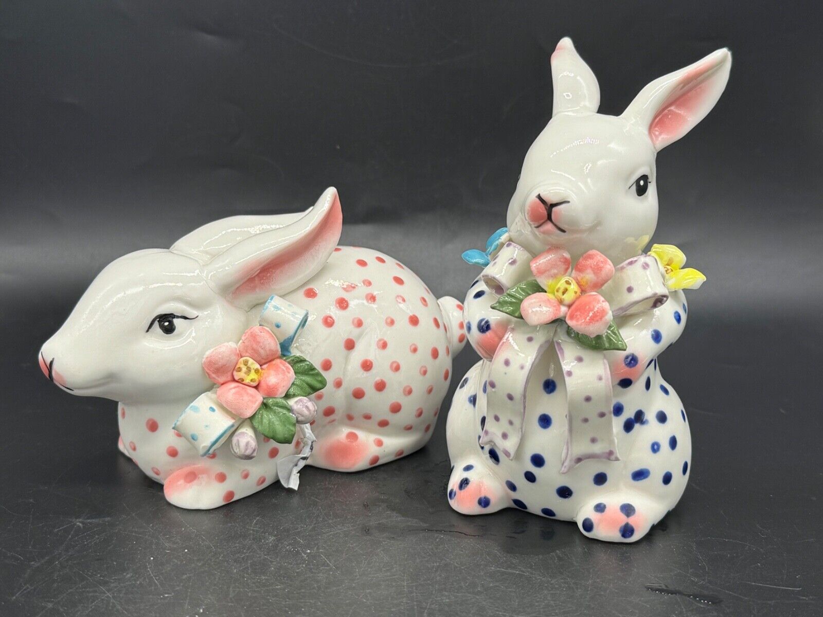 2 very cute, ceramic bunny figurines, decorated with flowers & dots