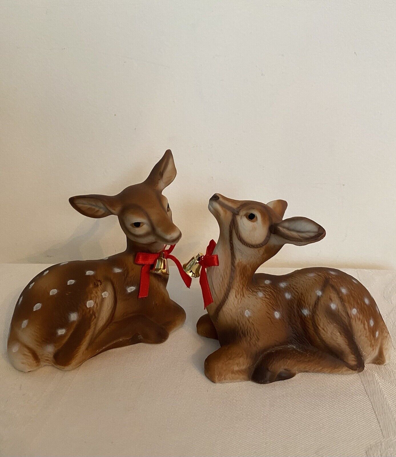 Vintage Ceramic Baby Deer Resting Fawn Figurines Red Bows & Gold Bells Set Of 2