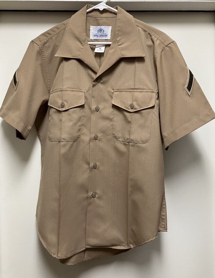 Official USMC Service Charlie Chucks Short Sleeve Khaki Shirt SIZE 16 w/PFC Rank