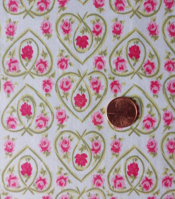 1.5 yards cotton, hearts & roses, pink & green on white, 35 1/4\