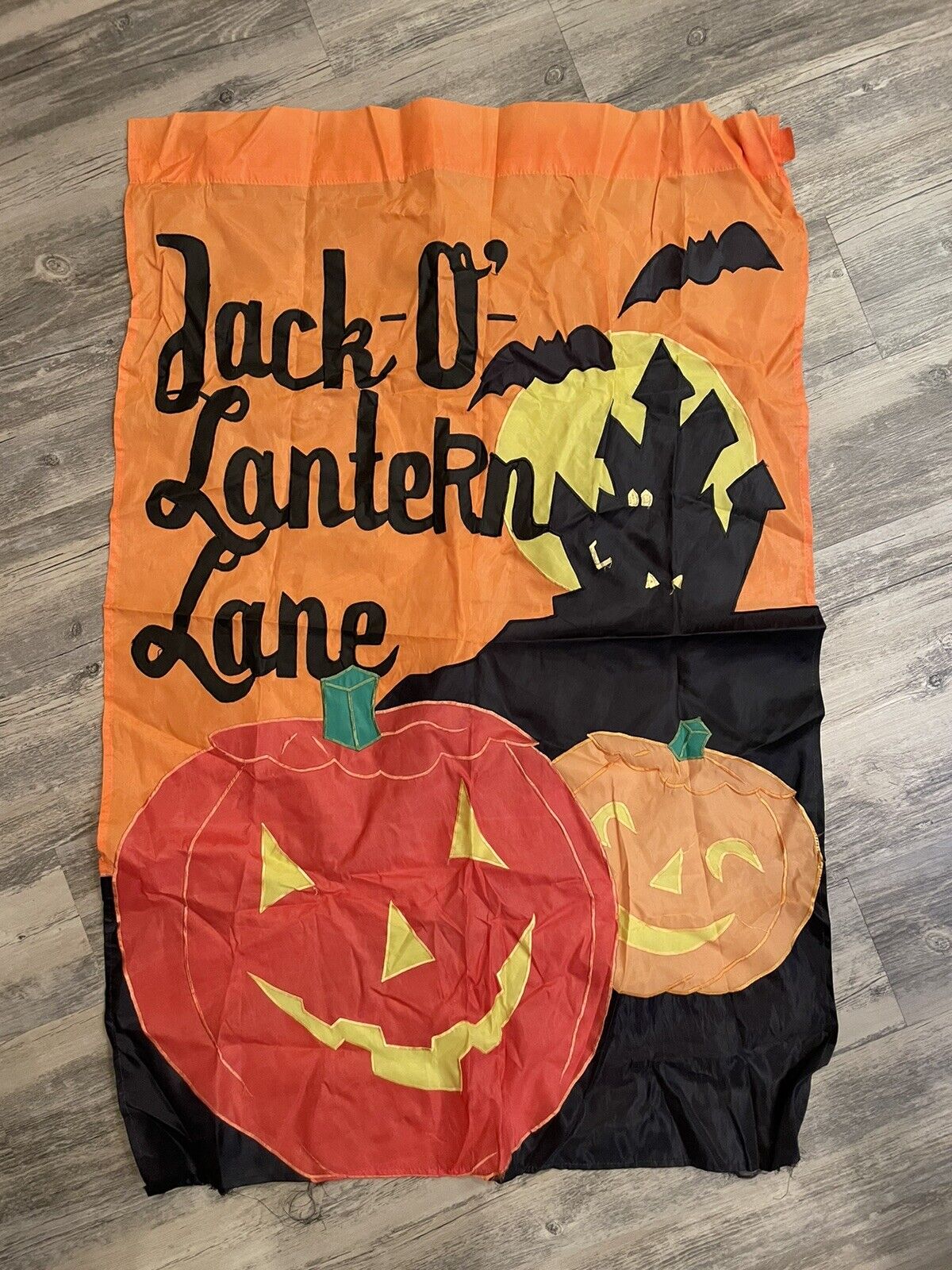 Vtg Halloween Flag Garden House Banner 28x40  Jack-O-Lantern Lane Bat Pumpkin