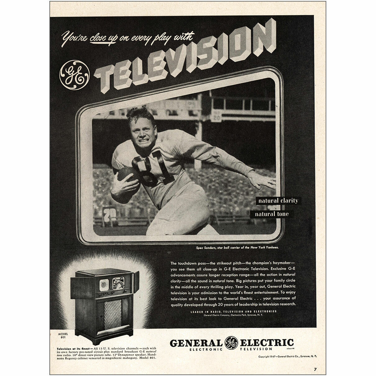 1947 GE Television: Spec Sanders New York Yankees Vintage Print Ad