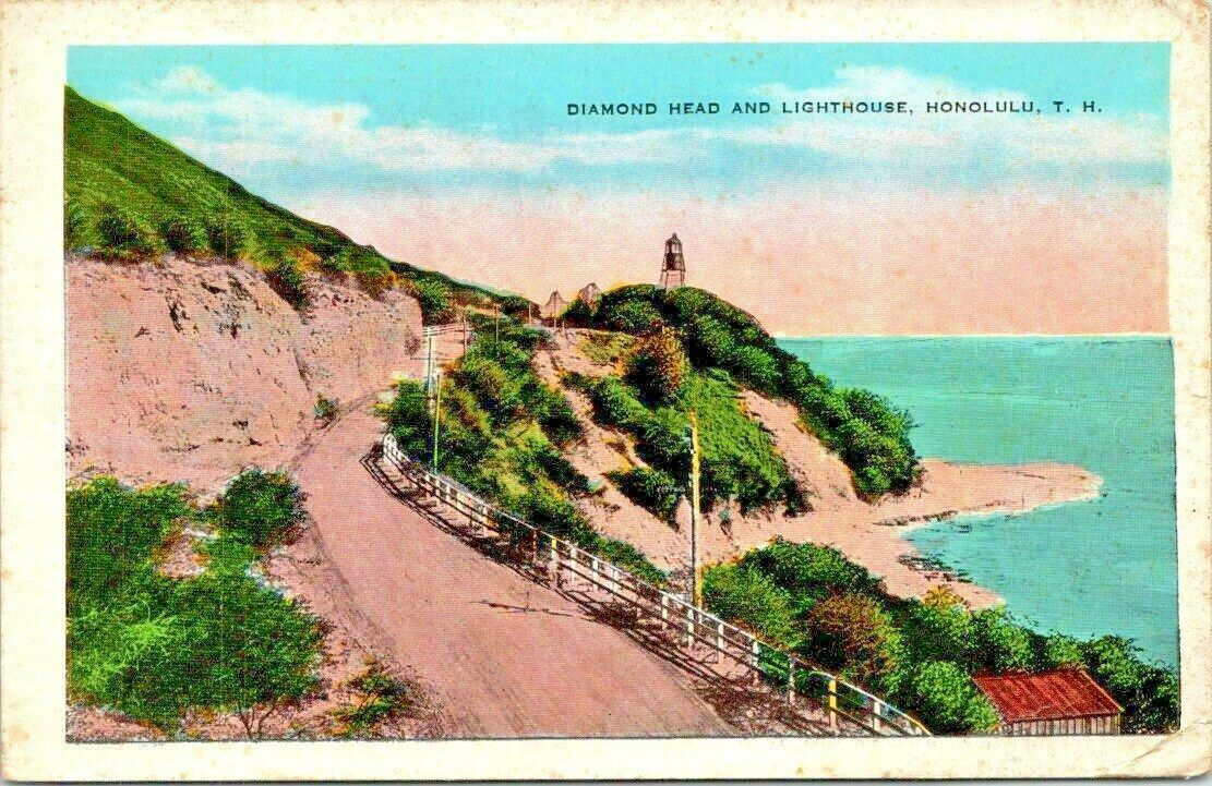 Vintage Honolulu Hawaii Diamond Head and Lighthouse Postcard Posted 1937