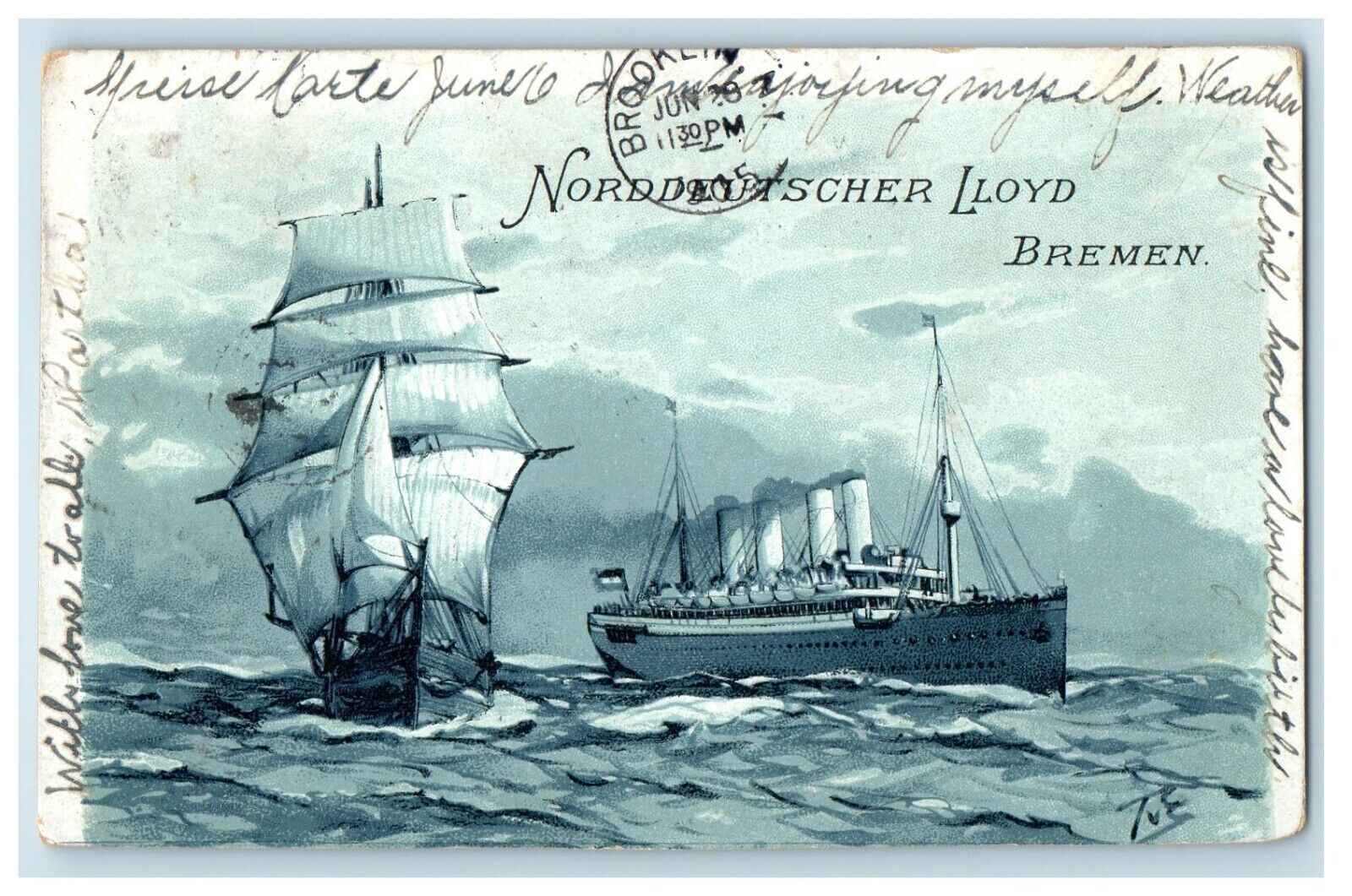 1905 Norddeutscher Lloyd Bremen Steamer Ship Posted Antique Postcard