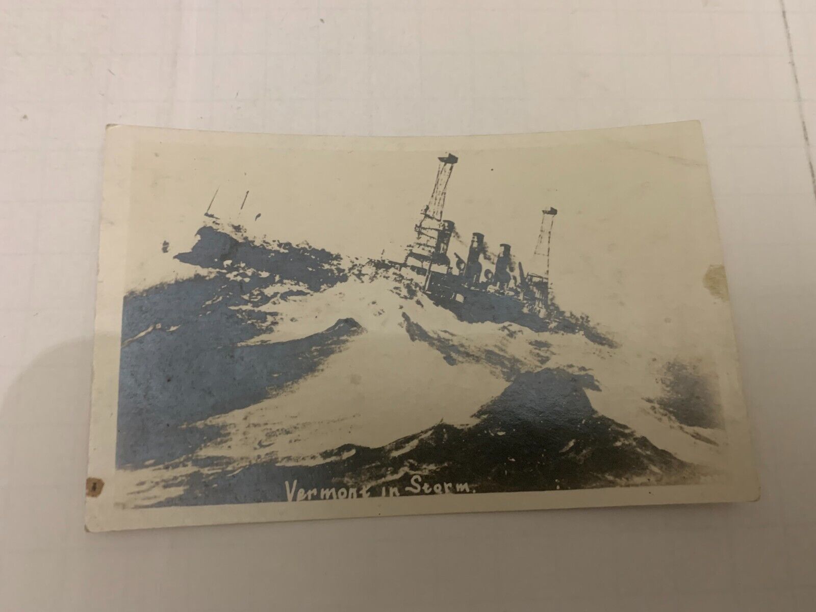 c.1915 WWI USS Vermont Battleship in Storm Real Photo Postcard RPPC