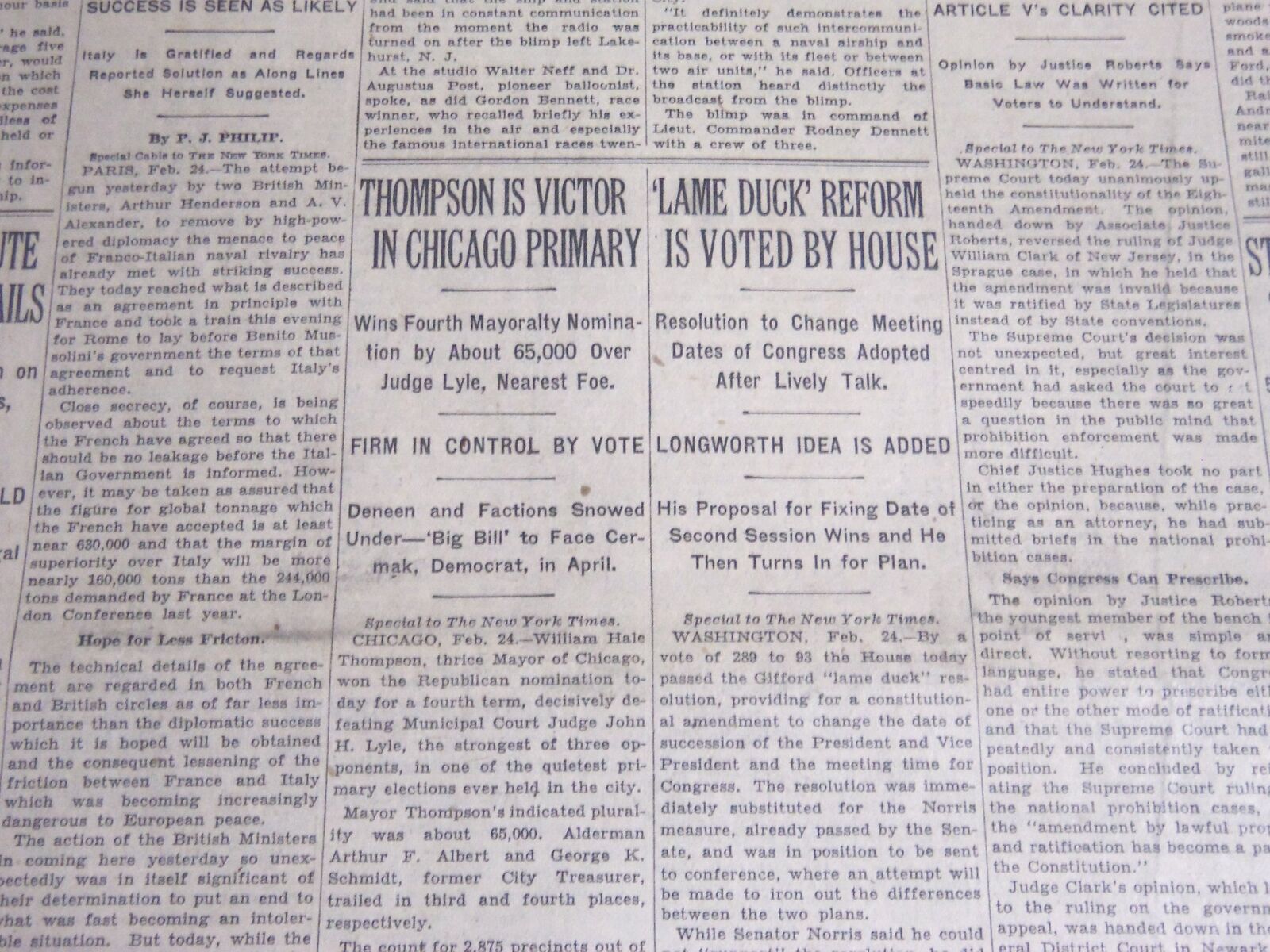 1931 FEB 25 NEW YORK TIMES - THOMPSON IS VICTOR IN CHICAGO PRIMARY - NT 6669