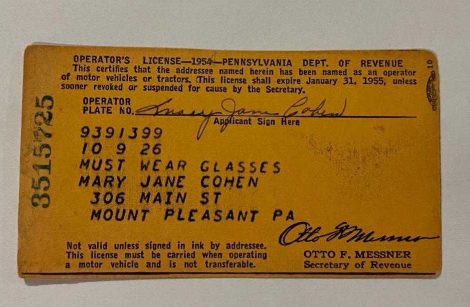 Vintage 1954 Pennsylvania Operator\'s Driver\'s License Permit