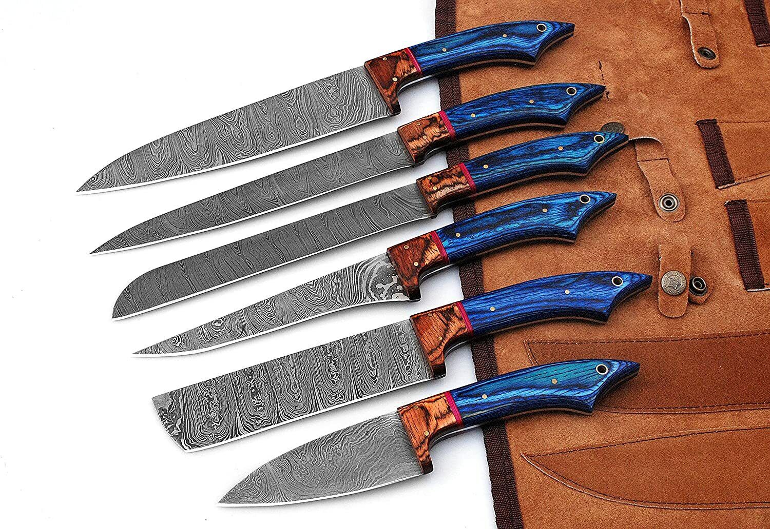 Handmade Professional Kitchen Damascus Knife Set, 6pcs With leather Roll Bag
