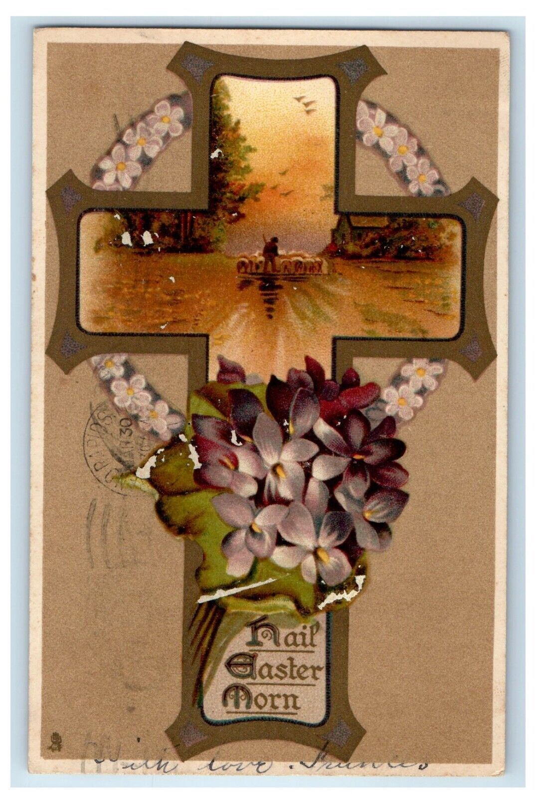 1907 Nail Easter Morn Big Cross Pansies Flowers Montreal Canada Tuck\'s Postcard