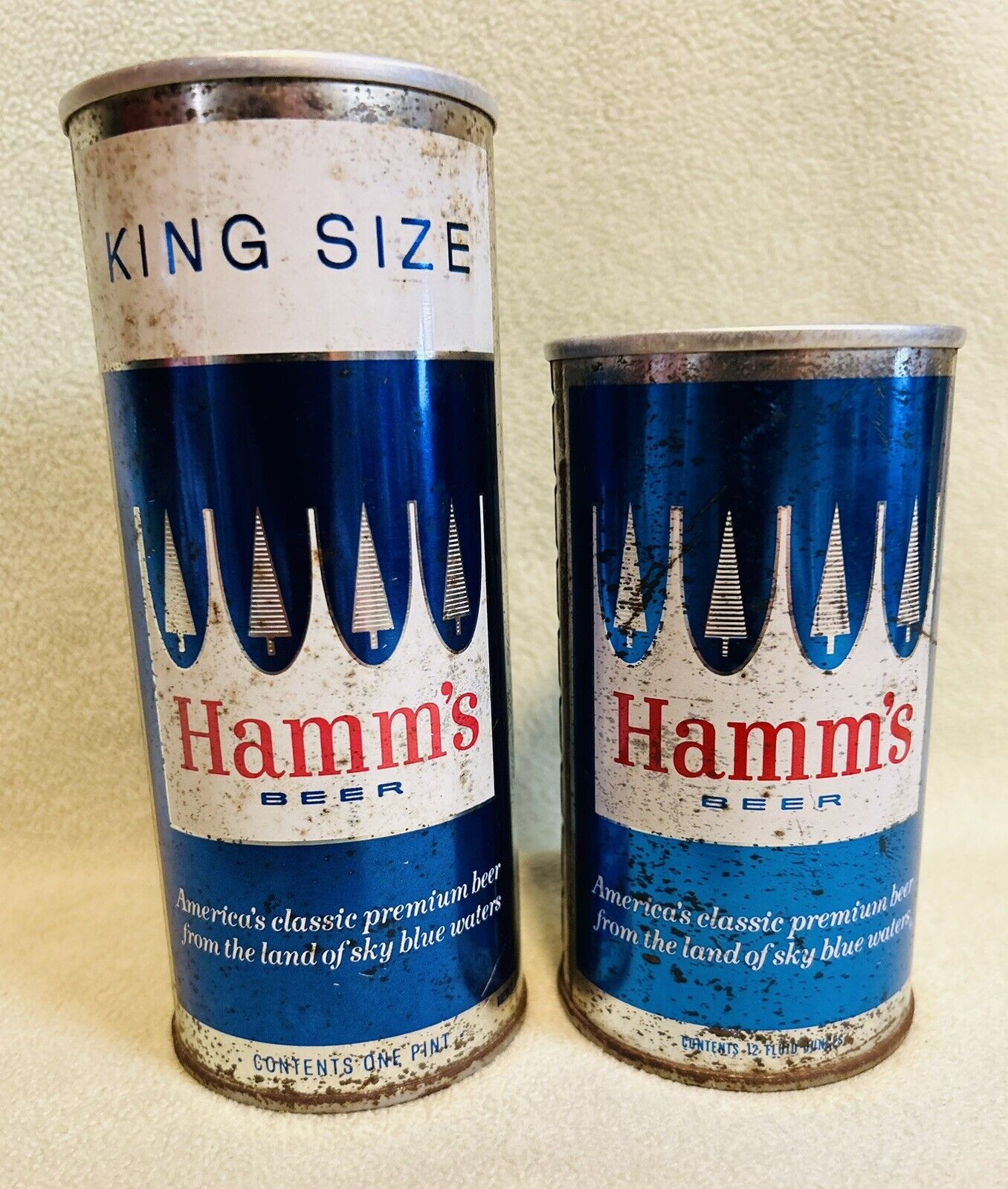 2 Vintage 1960’s Hamms Straight Steel Pull Tab Beer Cans 16oz & 12oz (EMPTY)