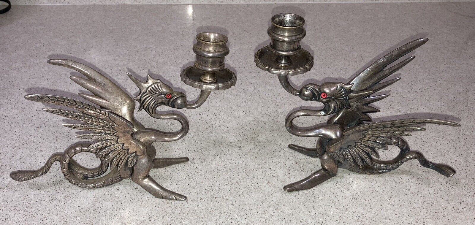 SET OF 2 HEAVY METAL BRASS? DRAGON CANDLESTICK HOLDERS - RED EYES