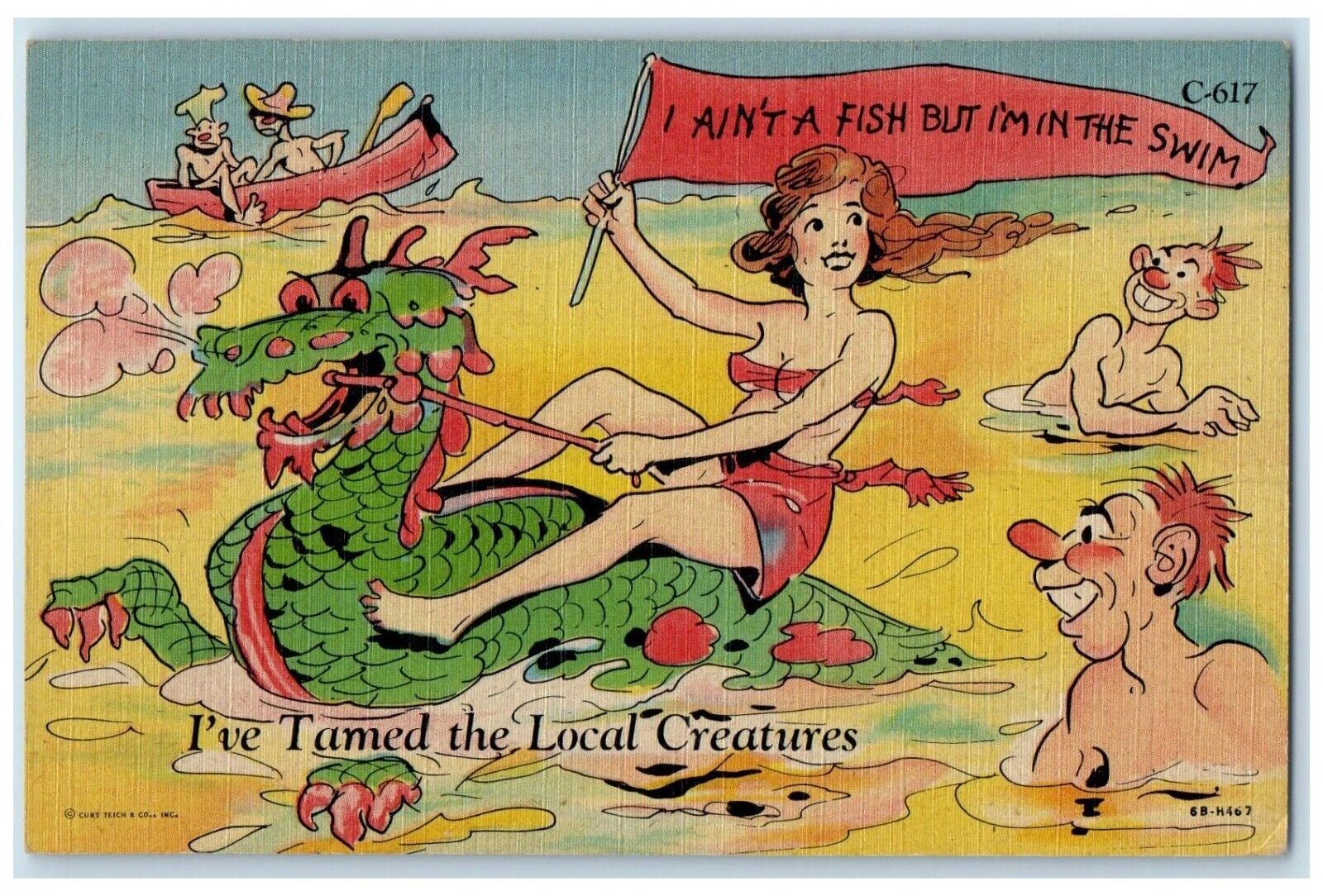 c1930\'s Woman Riding Crocodile Boat I\'ve Tamed The Local Creatures Postcard