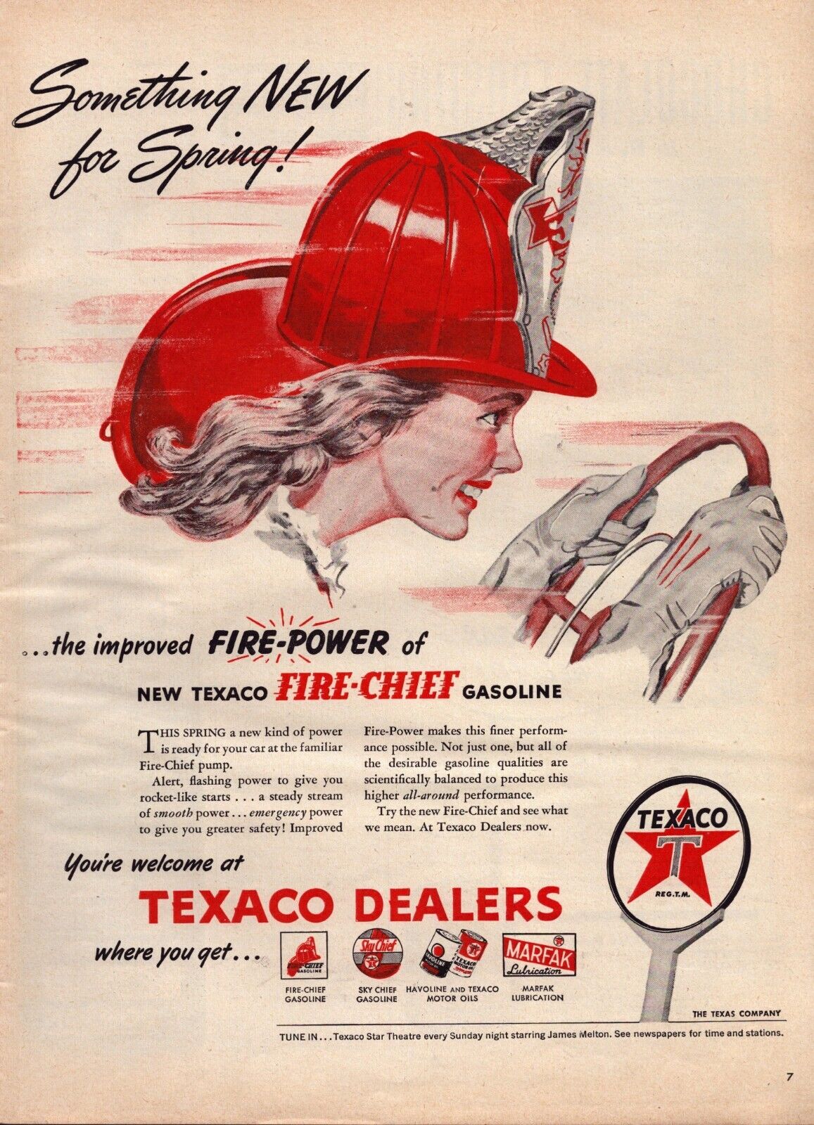 1946 Texaco Print Ad Fire Chief Gasoline Woman Fireman Hat Driving New Spring