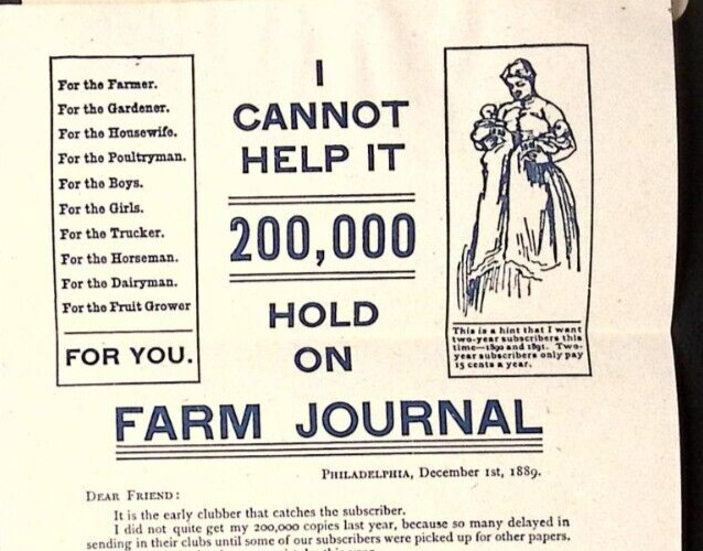 1889 Farm Journal Print Ad Mailer PHILADELPHIA PA Agricultural Publication