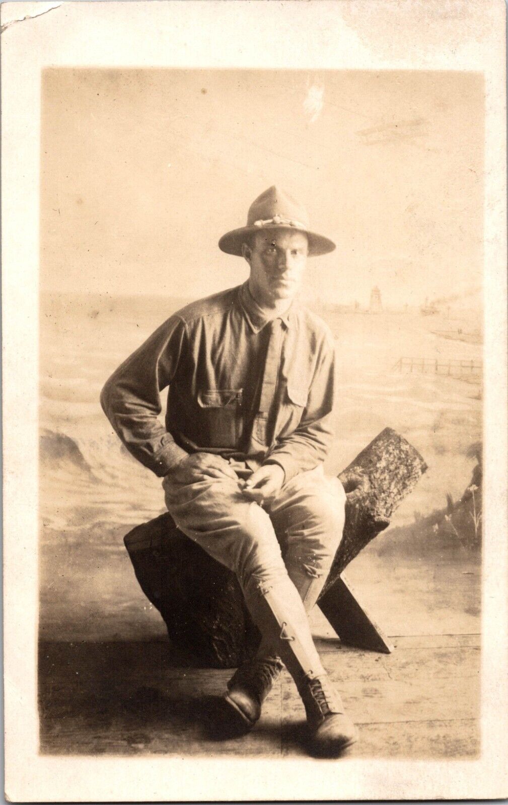 c 1910 U.S. Military Real Photo Postcard RPPC Posed Studio Photo Soldier