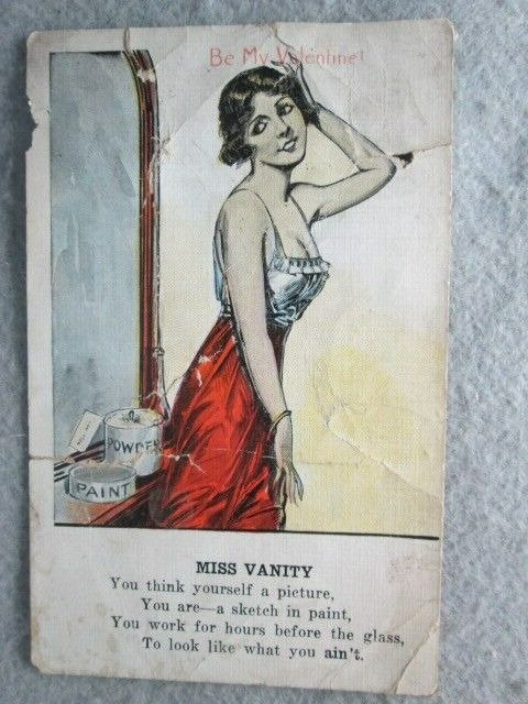 Antique Miss Vanity, Be My Valentine Postcard, Woman In Front Of Makeup Mirror