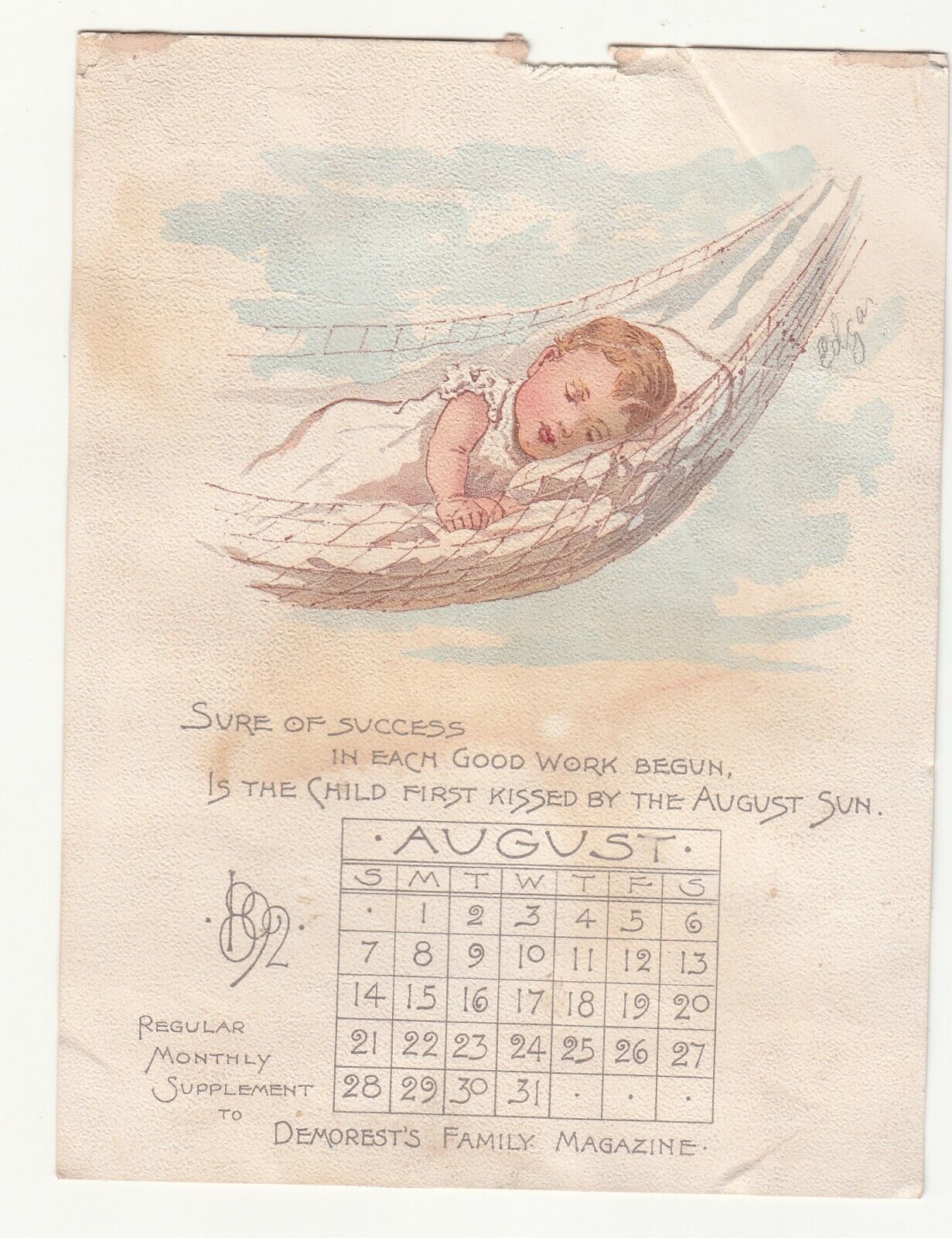 Demorest\'s Family Magazine AUGUST Baby Napping Hammock Vict Card c1880s