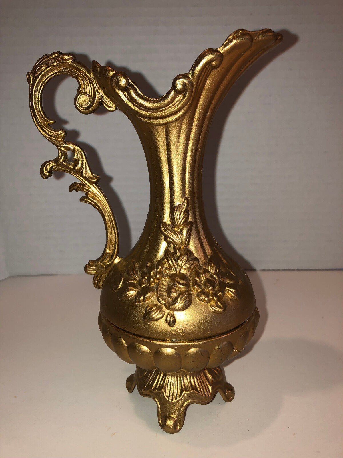Vintage Italian Footed Floral Embossed Brass Pitcher / Vase 7\
