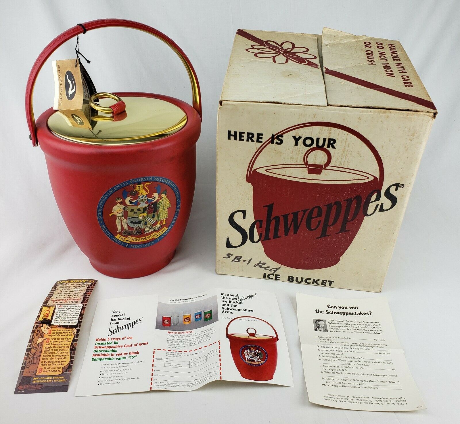 Rare Vintage Schweppes Advertising Red Ice Bucket Kraftware NOS Original Box NIB