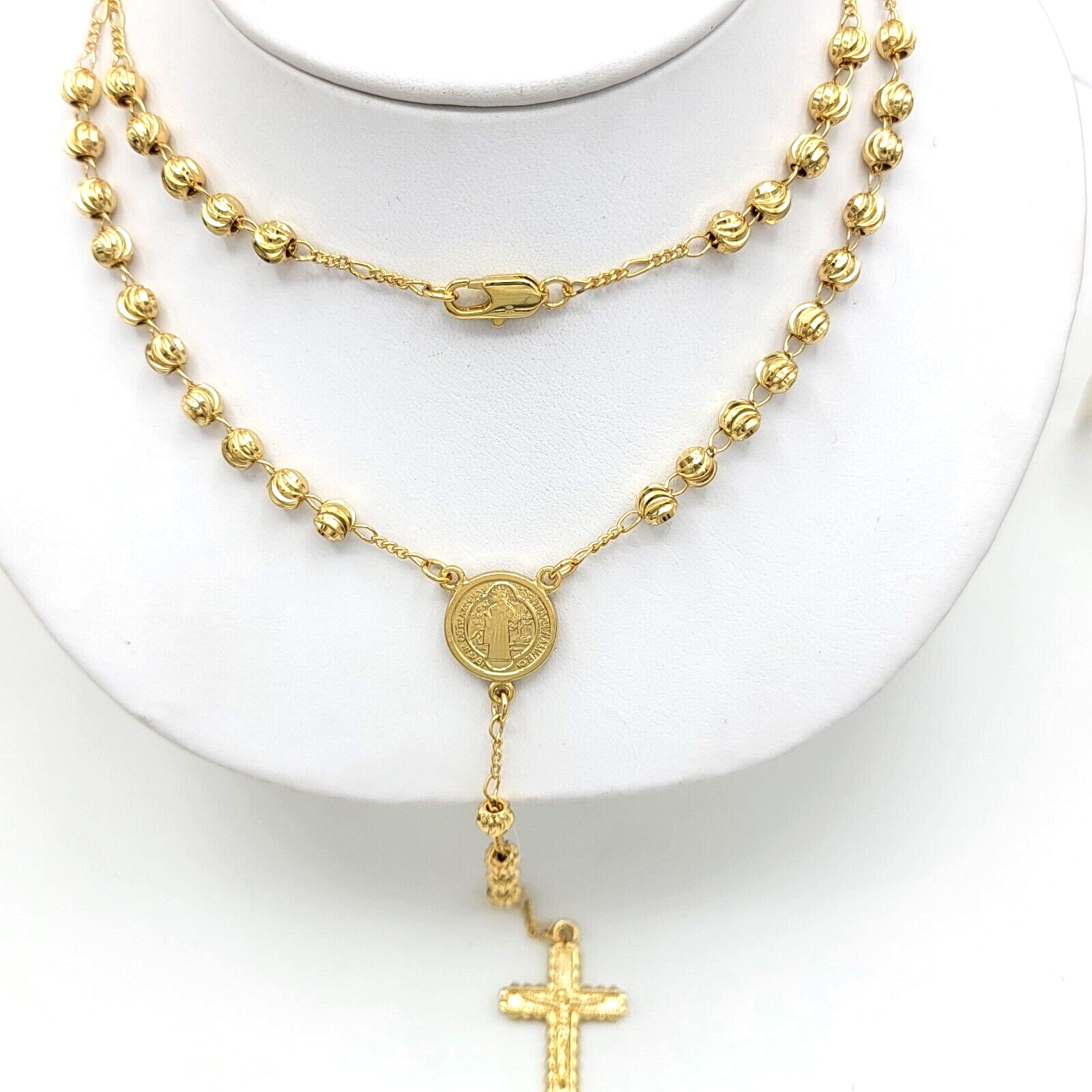 14K Gold Plated. Double Sided Saint Benedict Crucifix Rosary Necklace San Benito