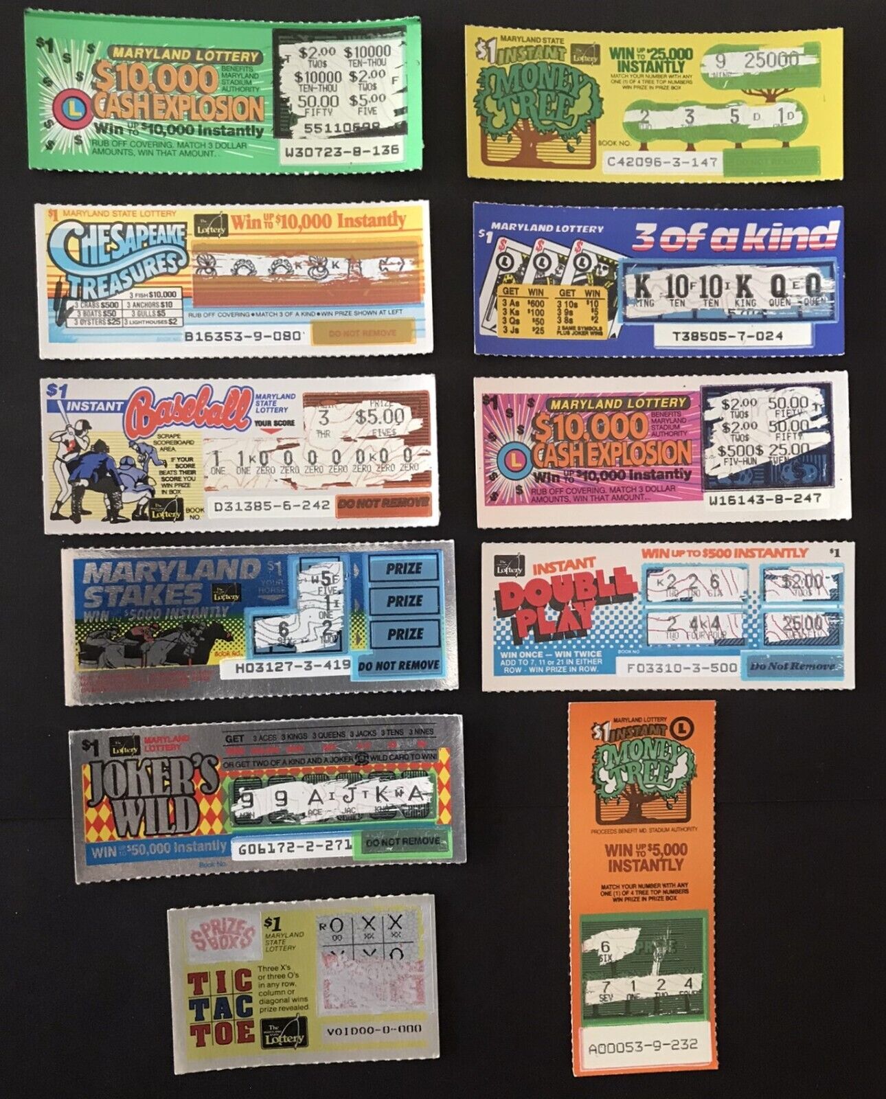 1980s Maryland Vintage Instant Lottery Tickets, 11 different  no cash value