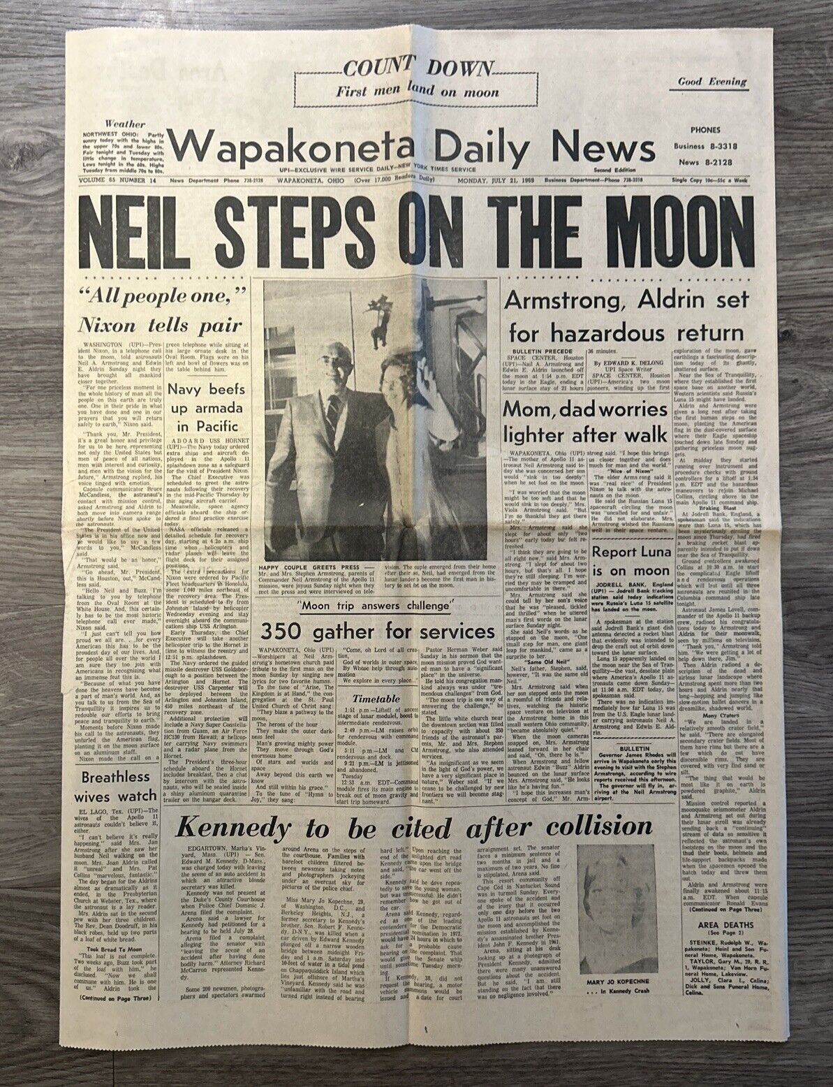 NEIL STEPS ON THE MOON Apollo 11 Neil Armstrong Hometown Newspaper  July 21 1969