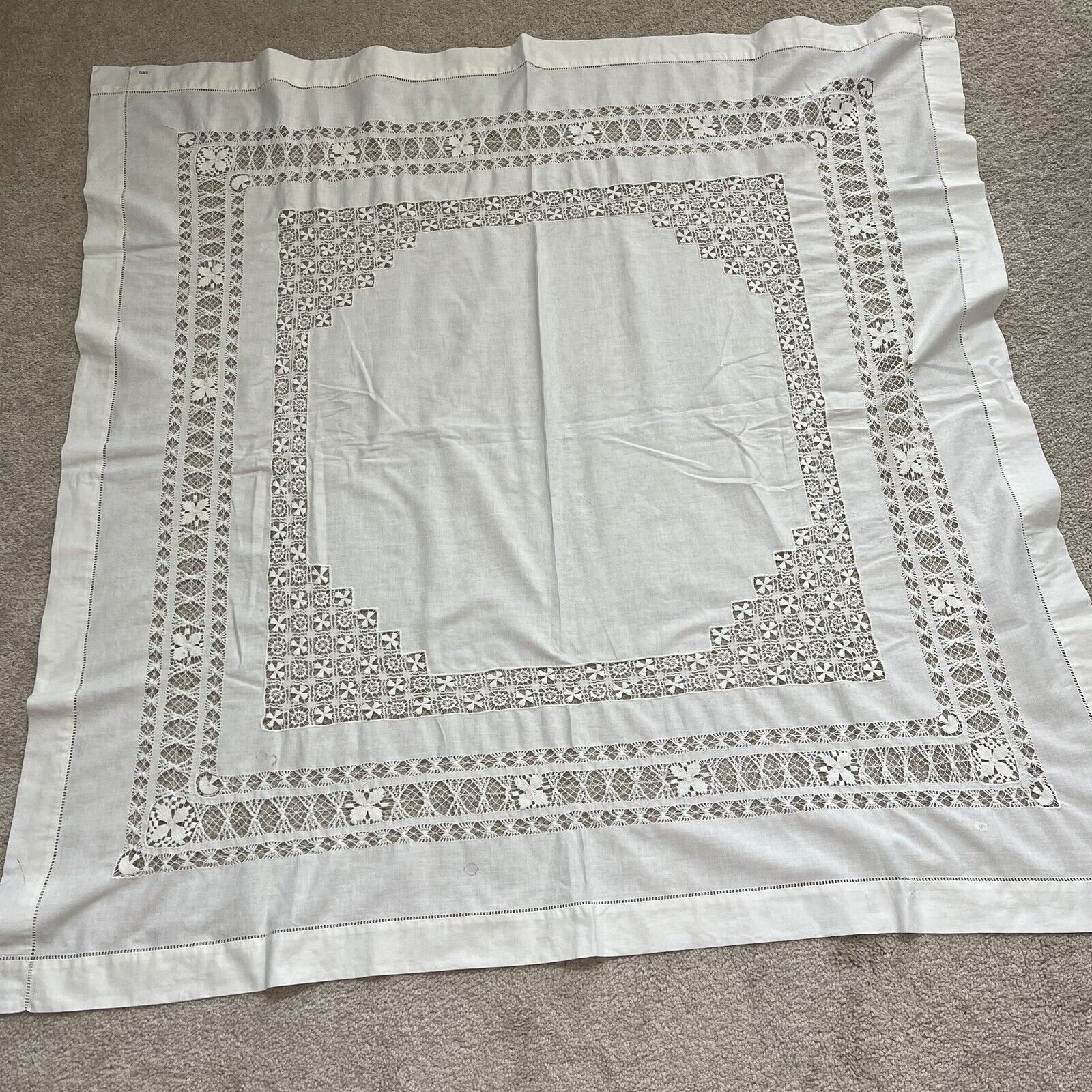 Antique Norwegian Drawn Embroidery Tablecloth 48”