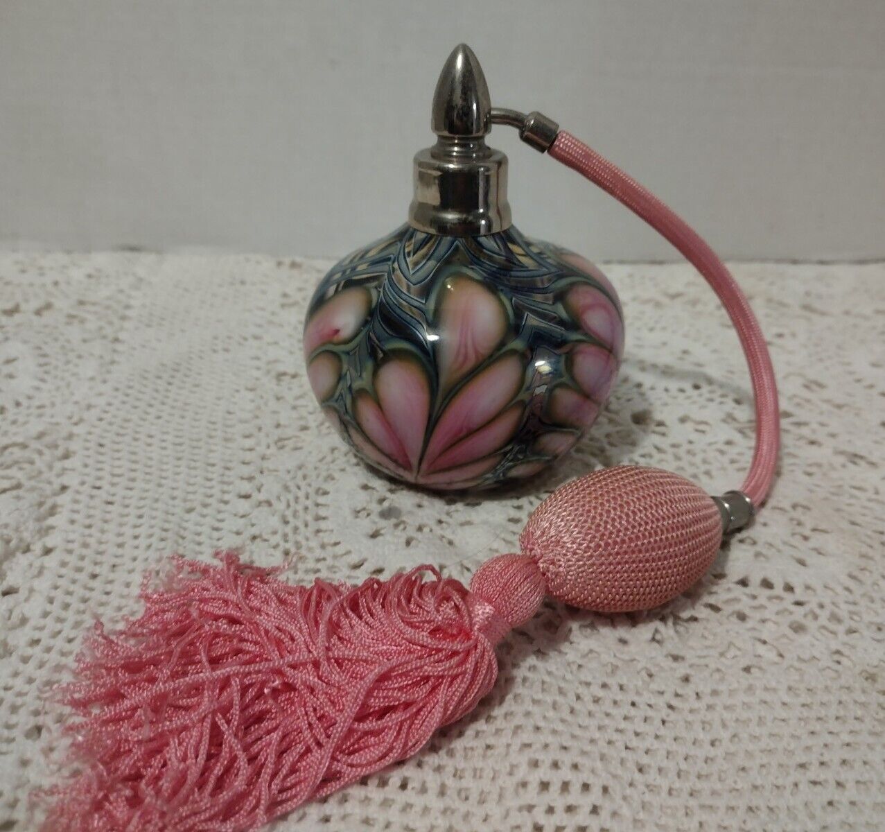 RARE DANIEL LOTTON PINK PULLED FEATHER PERFUME ATOMIZER SIGNED DATED 1987 