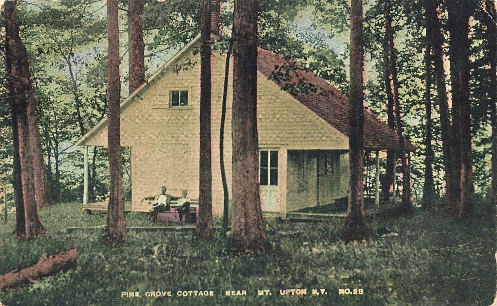Postcard ~ New York, Pine Grove Cottage Near Mt. Upton, People on Bench in Front