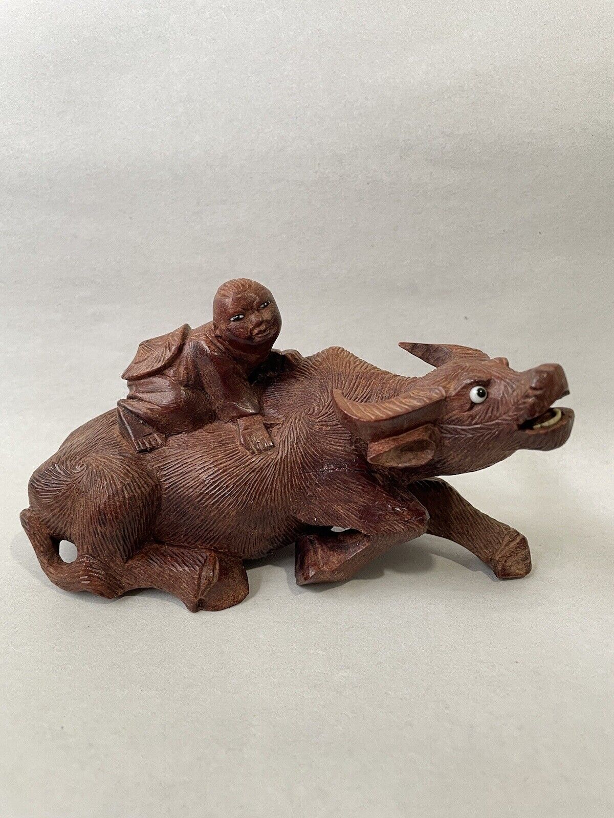 Vintage Carving Ox With Asian Child Water Buffalo Wood Carved circa 1920s-1930s