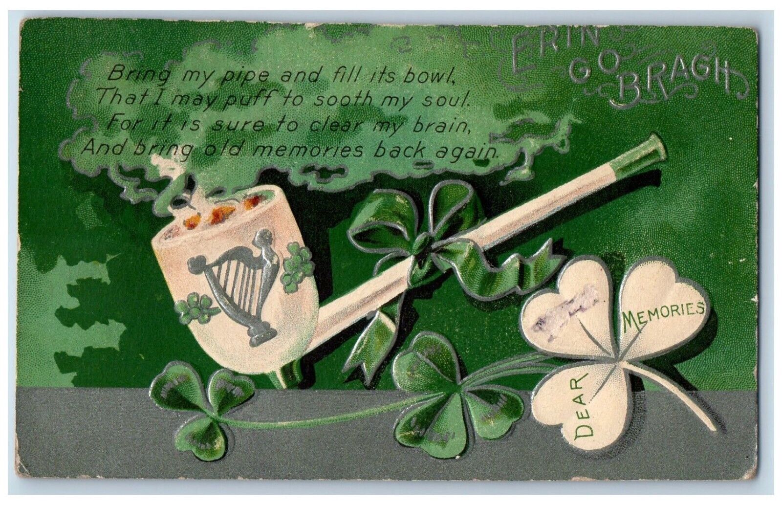 St. Patrick\'s Day Postcard Erin Go Brach Shamrock Pipe Harp Embossed c1910\'s