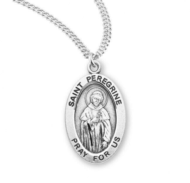 Sterling Silver Plated Oval Medal Pendant Saint Peregrine 0.9in x 0.6in Gift Box