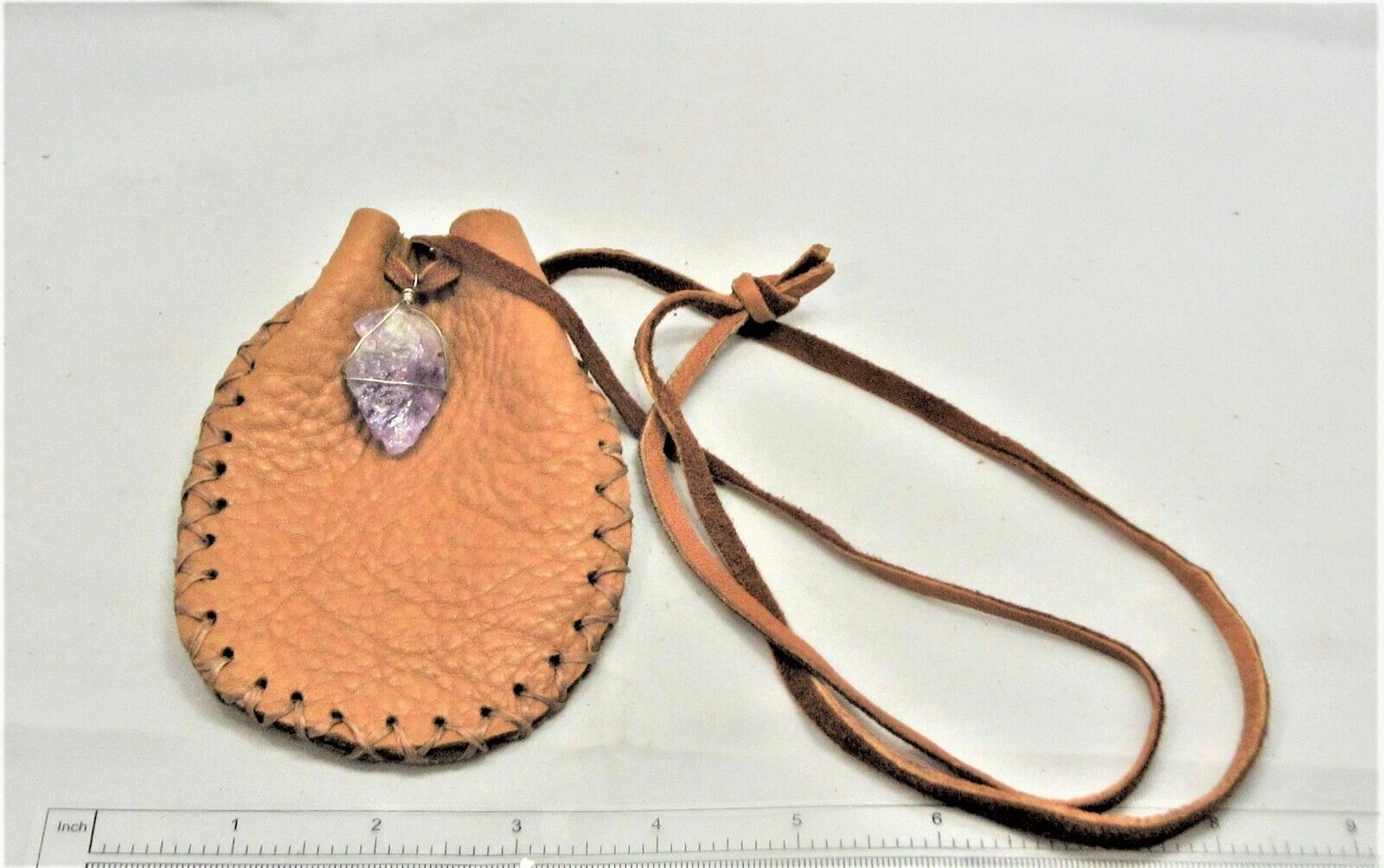 Deerskin Leather Pouch Purple Amethyst Crystal Arrowhead, Hand Made Pouch #745